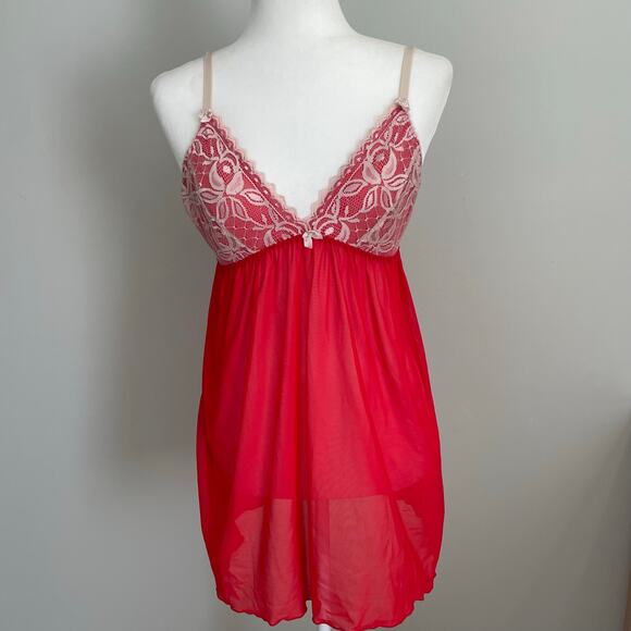 Tart Noir Feminine Sheer Babydoll Lingerie Red Sz L Pink Dainty Bow Adjustable - Picture 1 of 8